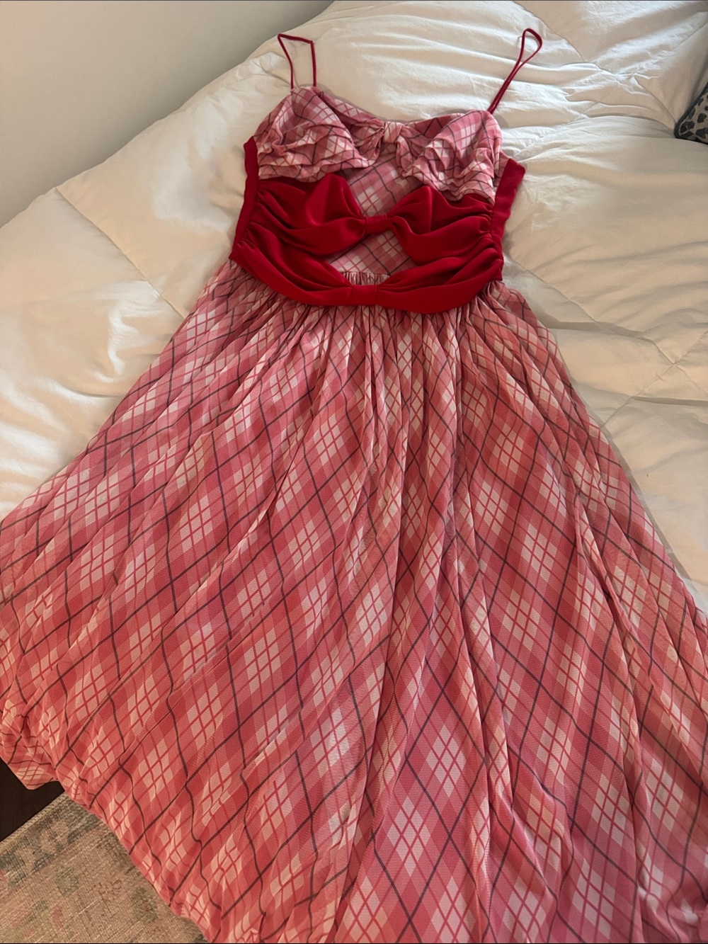 Adam Lippes Red and Pink Plaid Spaghetti-Strap Dress
